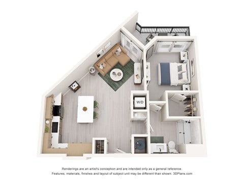 Floor plan for 1 bed, 1 bath, 760 sqft